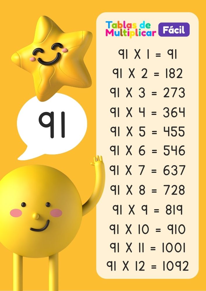 Tabla del 91 para niños, descargar PDF para imprimir
